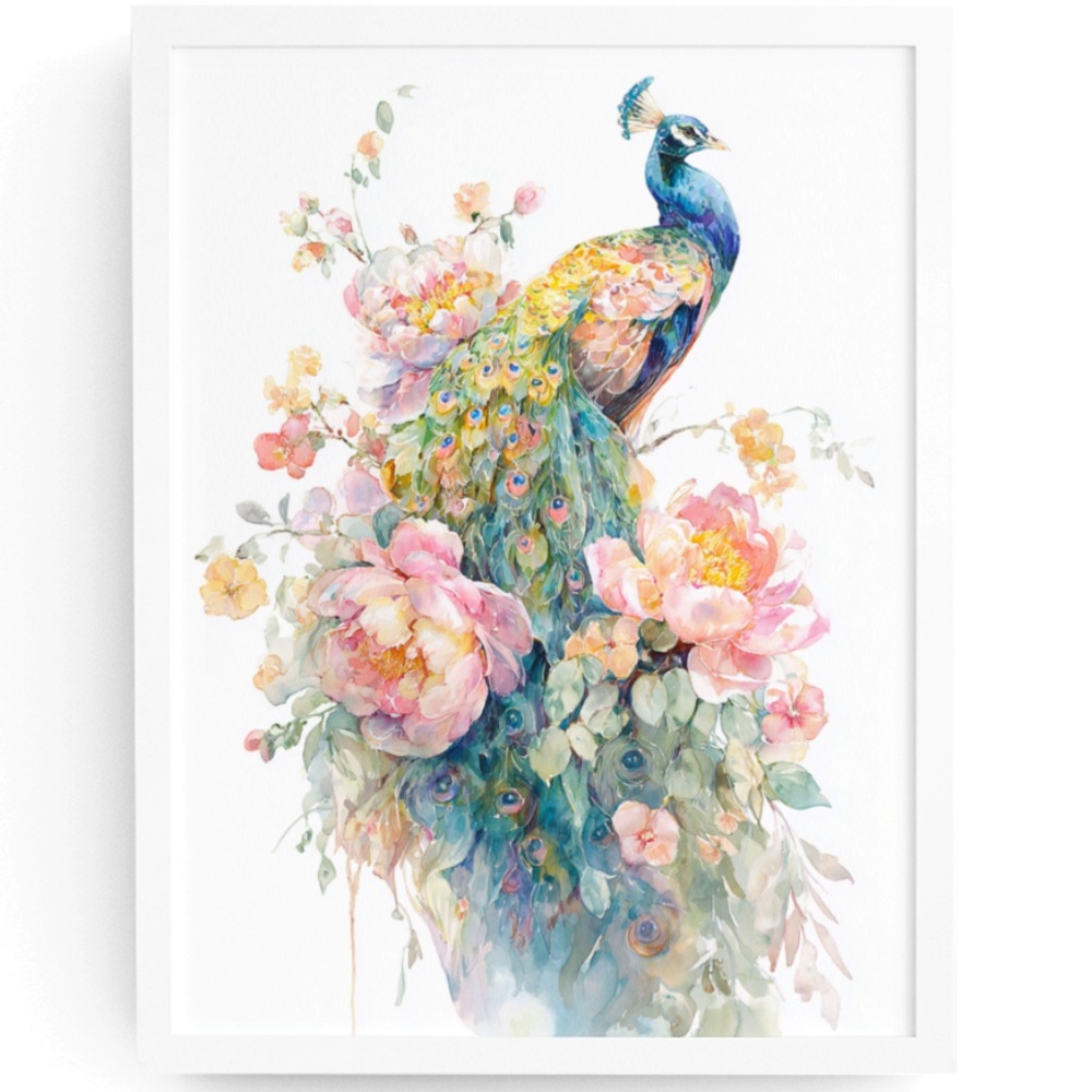 Watercolor Floral Peacock Wall Art Illustration Print Poster Card Unframed - Picture 1 of 9